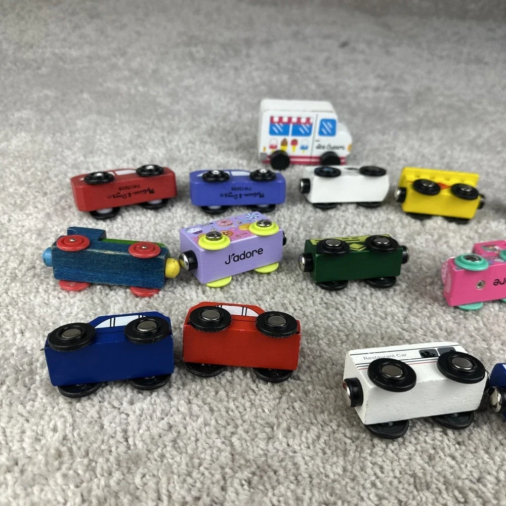 Lot of 16 Various Brands of Wooden Cars/Train‎ Cars